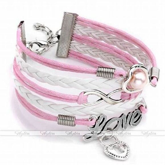 INFINITY LOVE PINK PEARL HEART LOCK LEATHER LAYERED BRACELET IN PINK AND WHITE - Picture 2 of 5